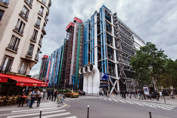 Paris, France - August 11, 2017.Georges Pompidou center building - Paris national cultural centre and museum in Marais district. Industrial-looking exterior with colored pipes and ducts.