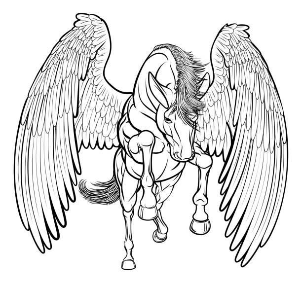 ilustraciones, imágenes clip art, dibujos animados e iconos de stock de cría de caballo pegasus - mythology horse pegasus black and white