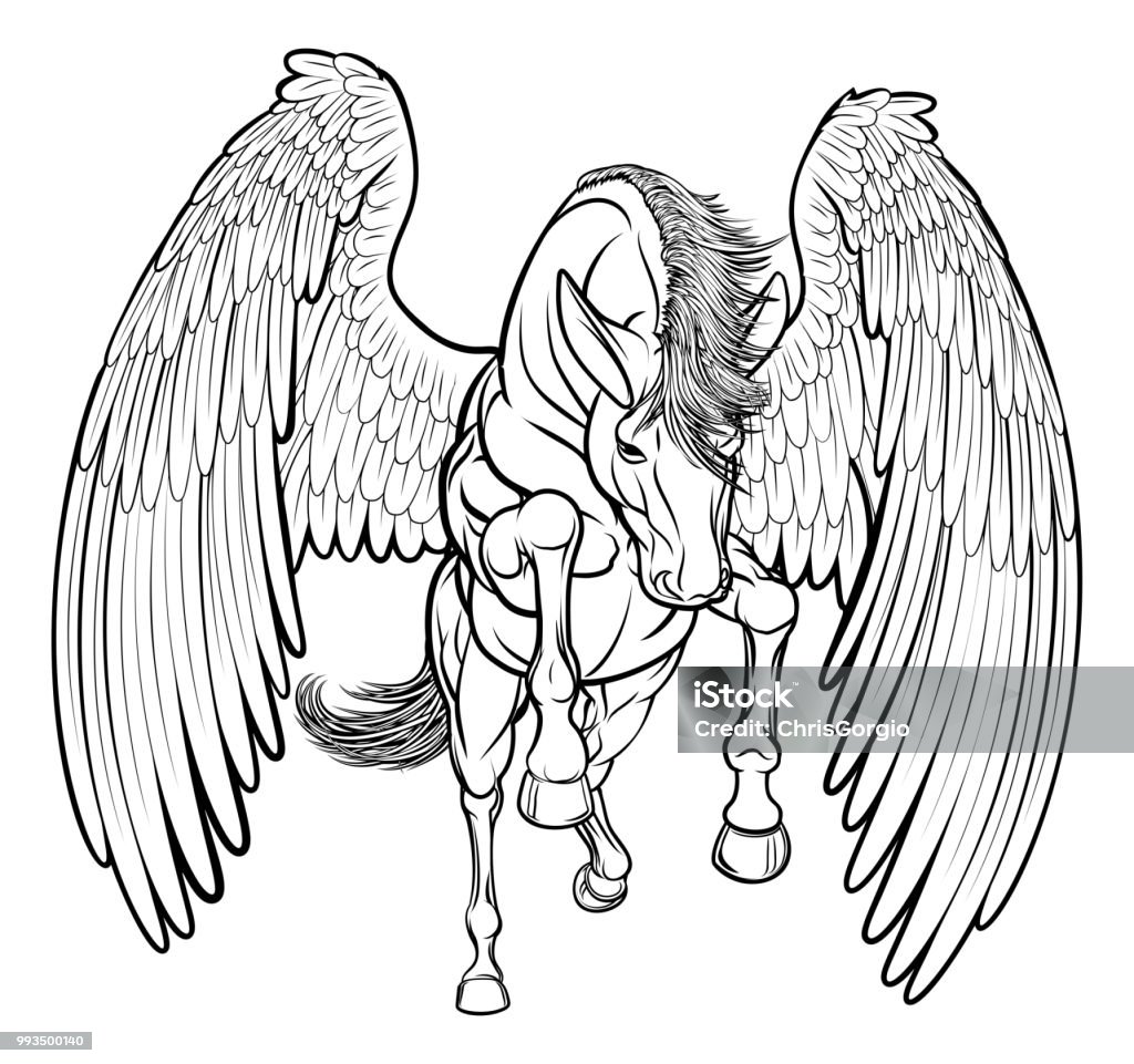 Rearing Pegasus Horse An illustration of a pegasus horse from Greek mythology rearing on its hind back legs Animal Wing stock vector