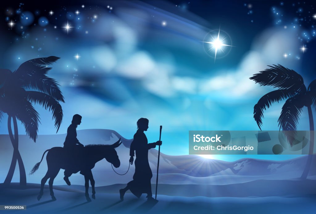 Nativity Mary and Joseph Christmas Illustration Nativity Christmas illustration of Joseph and Virgin Mary riding a donkey on their journey in the desert with the star of Bethlehem in the background Nativity Scene stock vector