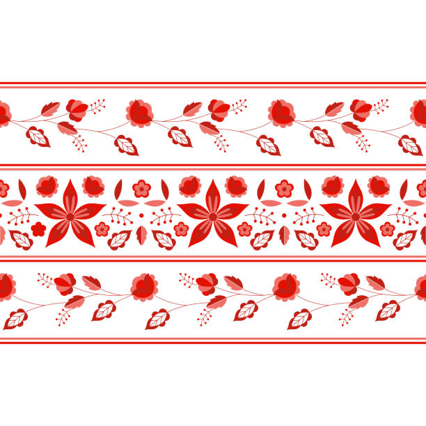 폴란드 민속 패턴 벡터입니다. 꽃 민족 장식입니다. slavic 동부 쪽 유럽 인쇄입니다. 빨간색 테두리 꽃 디자인 담요 집시, 보헤미안 인테리어 직물, 멕시코 식탁보, 의류 자 수. - pillow cushion embroidery homewares stock illustrations