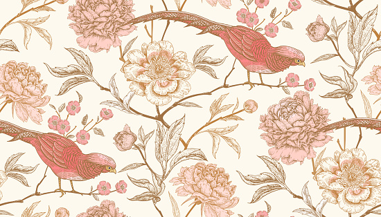 Peonies and pheasants. Floral vintage seamless pattern with flowers and birds. White, pink and gold color. Oriental style. Vector illustration art. For design textiles, wrapping paper, wallpaper.