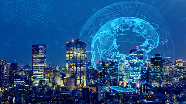 città intelligente e concetto di rete globale. iot (internet of things). tic (tecnologie della comunicazione dell'informazione). - australasia foto e immagini stock