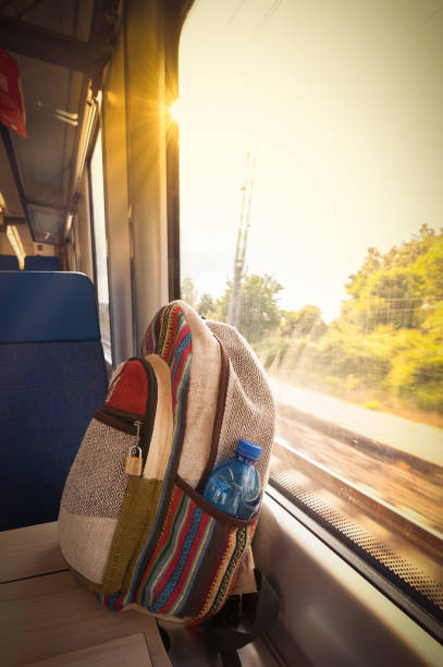 istock Backpack on the train near the window. Travel conceptual image. 993577952