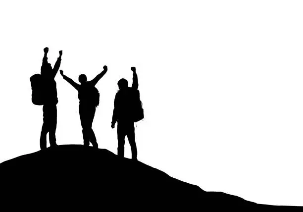 Vector illustration of Three tourists with backpacks on top of a mountain rejoice in success - vector