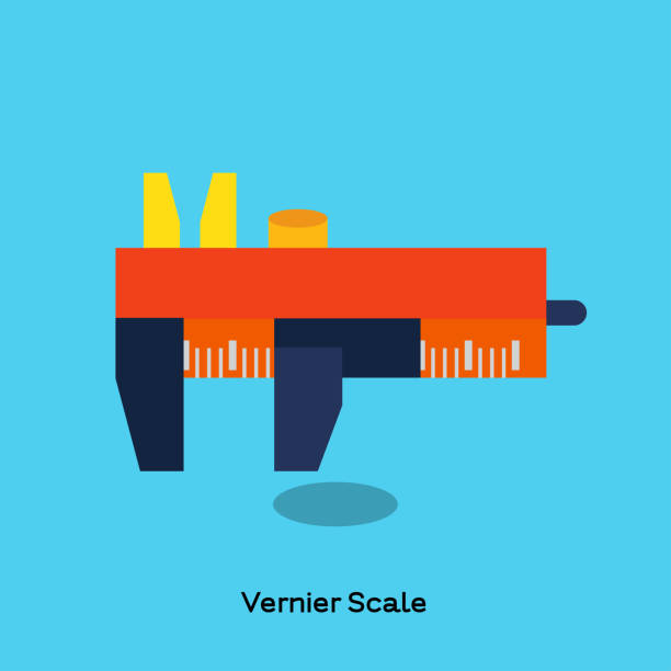 VERNIER SCALE OR VERNIER CALIPER Orange analog vernier scale, vernier caliper or caliper’s measurement on blue background. There is scale marked on. vernier scale stock illustrations