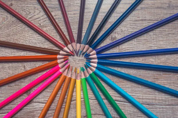 Color pencils on a wooden desk. Close-up