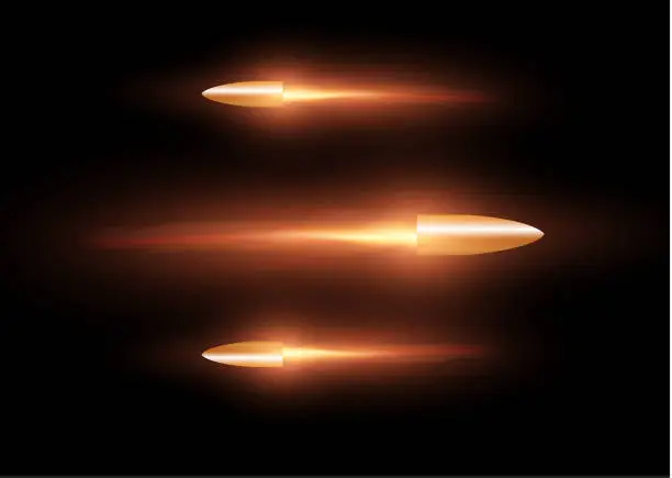 Vector illustration of A flying bullet with a fiery trace. Isolated on a transparent background. Vector illustration