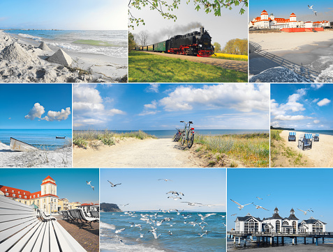 Set of nine pictures with vintage train that takes tourists to resort towns and sandy beaches of island Rugen