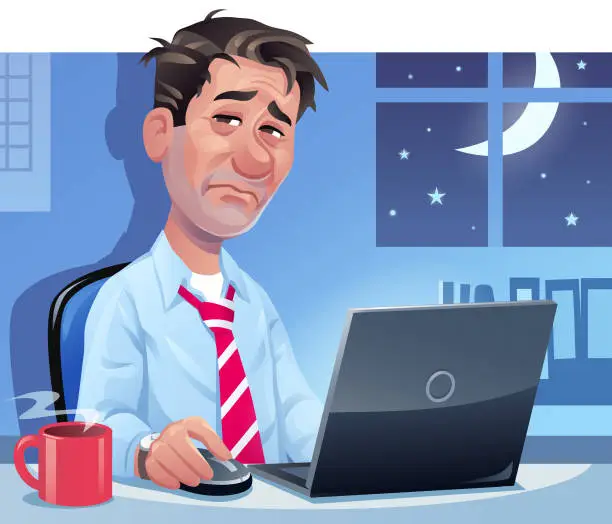 Vector illustration of Man Working Late At Night