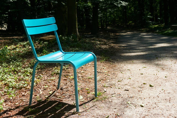 istock Sunlit green plastic chair in dark forest 993650062
