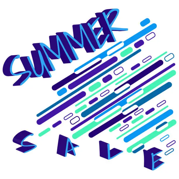 Vector illustration of 3d text Summer sale in bright blau tones and multi-colored abstract composition of lines on white background. Vector illustration, template for the design of posters, postcards, advertising.