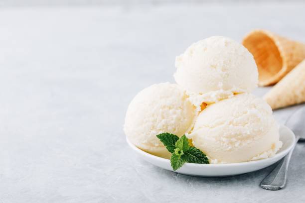 Vanilla ice cream with mint leaves Vanilla ice cream with mint leaves in white bowl homemade icecream stock pictures, royalty-free photos & images