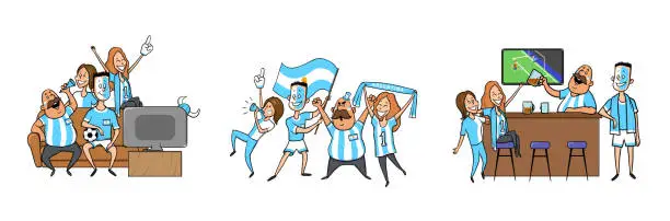 Vector illustration of National football team supporters cheering at home, in the bar together. Set of football fans with national attributes. Colored flat vector illustration. Isolated on white background.