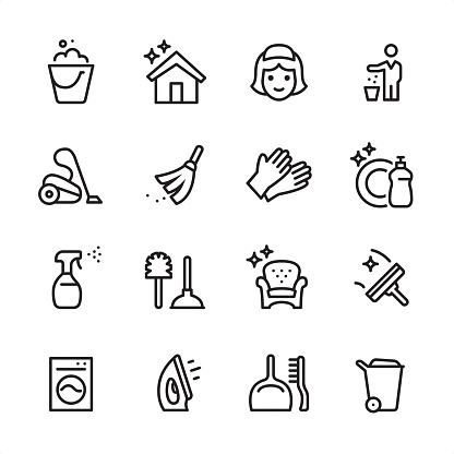 16 line black on white icons / Set #58 Cleaning Service /
Pixel Perfect Principle - all the icons are designed in 48x48pх square, outline stroke 2px.

First row of outline icons contains: 
Bucket icon, Shiny House, Maid, Throw Waste icon;

Second row contains: 
Vacuum Cleaner, Broom, Protective Glove, Dishwashing Liquid;

Third row contains: 
Spray Bottle, Toilet Brush and Plunger, Furniture Cleaning, Squeegee; 

Fourth row contains: 
Washing Machine, Iron-Appliance, Dustpan and Scrubbing Brush, Garbage Bin.

Complete Inlinico collection - https://www.istockphoto.com/collaboration/boards/2MS6Qck-_UuiVTh288h3fQ