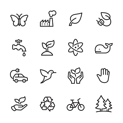 16 line black on white icons / Set #57 Environmental Conservation / Pixel Perfect Principle - all the icons are designed in 48x48pх square, outline stroke 2px.

First row of outline icons contains: 
Butterfly-Insect, Factory icon (Air Pollution), Leaf, Electric Plug and Leaf;

Second row contains: 
Faucet icon, Growth Plant, Atomic Structure, Whale;

Third row contains: 
Electric Car, Hummingbird, Nature Care, Stop Gesture Sign; 

Fourth row contains: 
Leaf in Human Hand, Recycling Symbol, Bicycle, Pine Forest.

Complete Inlinico collection - https://www.istockphoto.com/collaboration/boards/2MS6Qck-_UuiVTh288h3fQ