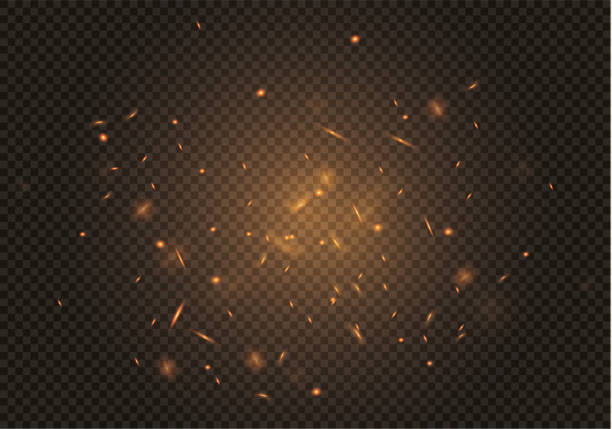 ilustrações de stock, clip art, desenhos animados e ícones de flame of fire with sparks on a black background. the texture of the fiery storm.a shot of a flying spark in the air.over a dark night - sparks