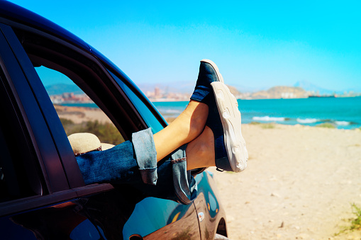 travel by car on beach concept, vacation at sea, relax on coast