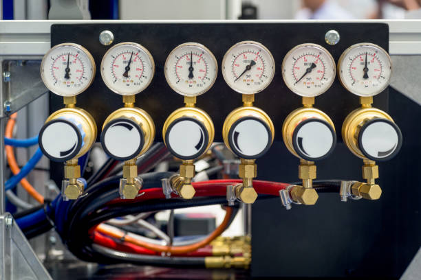 Manometer, pressure gauge and valves. stock photo