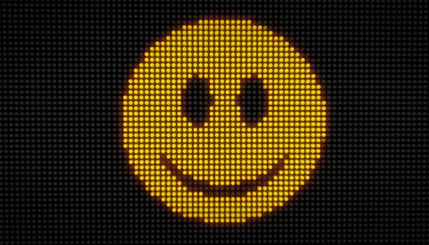 Emoticon smile face on big LED display with large pixels. Bright light happy expression icon on bulbs stylized display 3D illustration.