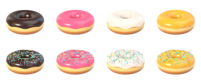 Set of delicious donuts with or without sprinkles and sweet icing, isolated on white background. 3D illustration