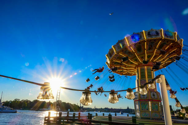 Stockholm, Sweden July 5, 2018 People enjoying the swings at the amusement park called Grona Lund.