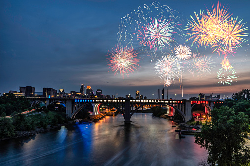 View of downtown Minneapolis and fireworks for the fourth of July