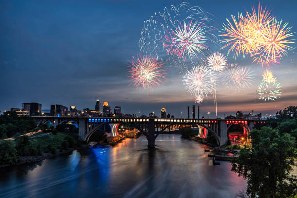 Minneapolis - Fireworks for the 4th of July - 2018 View of downtown Minneapolis and fireworks for the fourth of July minneapolis stock pictures, royalty-free photos & images