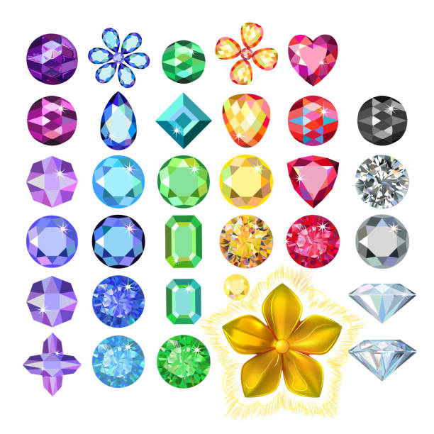 ilustrações de stock, clip art, desenhos animados e ícones de set of colored gems and golden metal pattern flower - jewelry