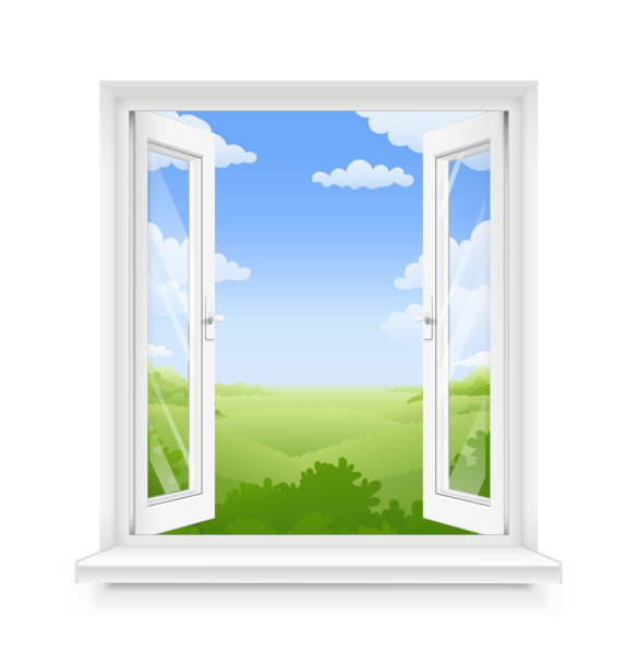 White classic plastic window with windowsill White classic plastic open window with windowsill. Transparent framing interior design element. Construction part. Clean domestic glass. Sky and ground panorama view. EPS10 vector illustration. zills stock illustrations