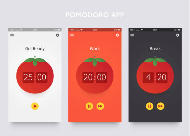 pomodoro-technik. app-ui-design - tomatensoße stock-grafiken, -clipart, -cartoons und -symbole