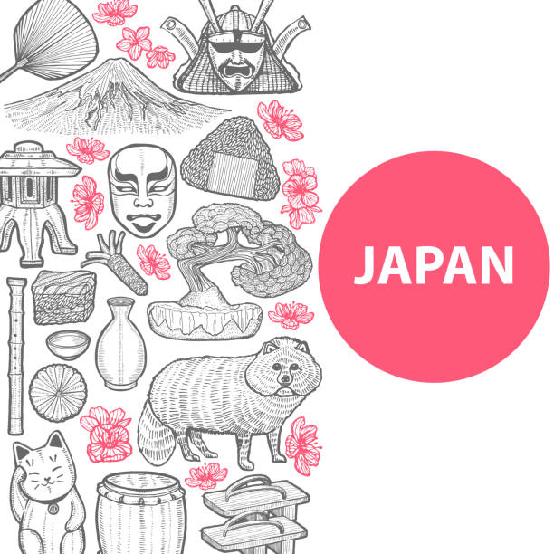 шаблон с японскими символами в стиле hand-drawn - raccoon dog stock illustrations