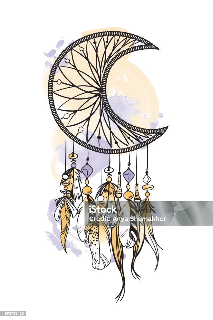 Vector Illustration With Hand Drawn Dream Catcher Watercolor Brush Strokes  And Stains Ornate Ethnic Items Feathers Beads Stock Illustration - Download  Image Now - iStock