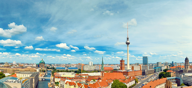 Aerial view of central Berlin on a bright day in Summer, including river Spree and television tower at Alexanderplatz