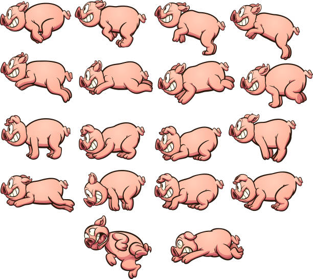 Cartoon pig running and jumping vector art illustration