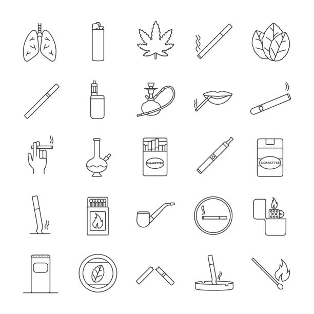 Smoking icons Smoking linear vector icons. Thin line. Cigarettes, smoking devices, cannabis culture bong stock illustrations