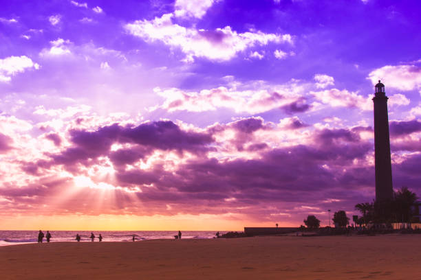 Scenic landscape in Maspalomas lighthouse with colorful sunset and silhouettes of people walking on the beach, Canary Islands
