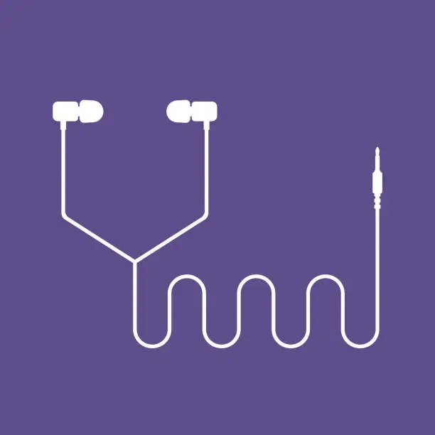 Vector illustration of white earphones line icon with cord