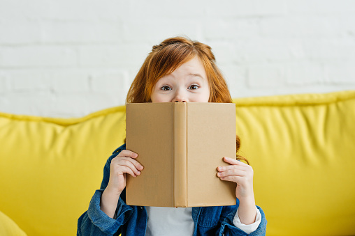 Niño sentado en el sofá y sosteniendo el libro delante de su cara photo