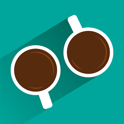 Two white cups of coffee on turquoise background with shadow. View from above. Vector illustration
