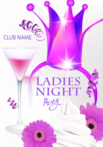 Ladies night party invitation card with princess crown, cream and cocktails. Vector illustration
