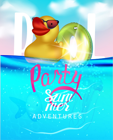 Pool party banner with inflatable toys in a water. Vector illustration