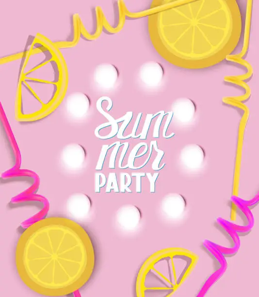 Vector illustration of Summer party banner with light bulbs, citroen slices and drink straws. Vector illustration