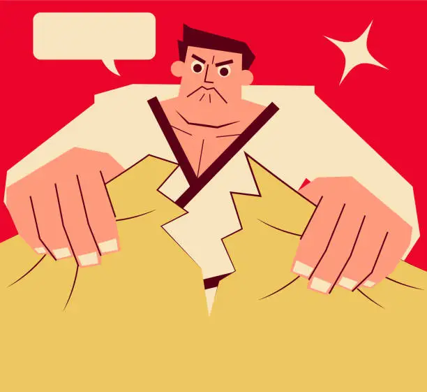 Vector illustration of Retro Karate coach tearing paper