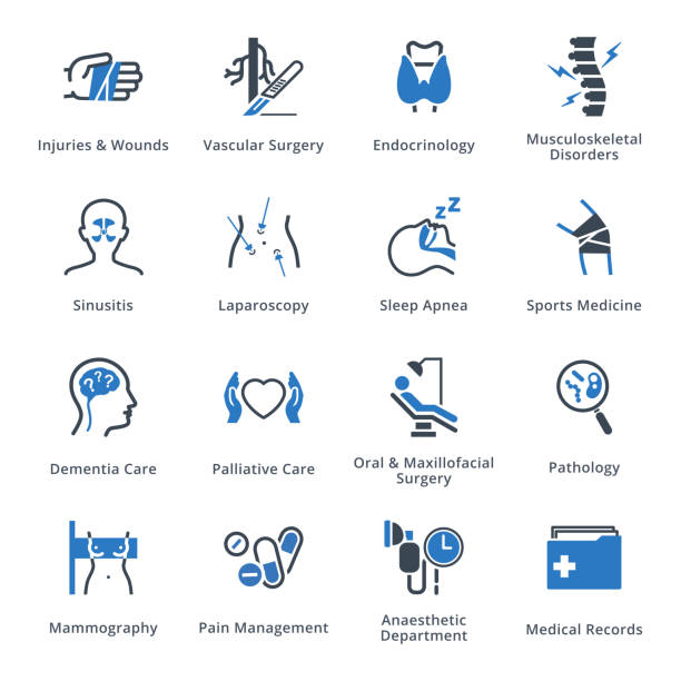 Medical Services & Specialties Icons Set 5 - Blue Series This set contains medical services and specialties icons that can be used for designing and developing websites, as well as printed materials and presentations. sports medicine stock illustrations