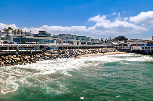 The Redondo Beach boardwalk in Southern California is lined with restaurants, housing and a nice beach.