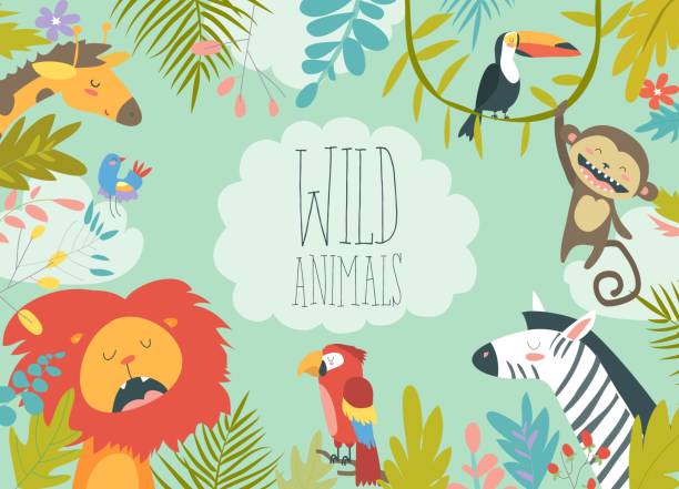 szczęśliwe zwierzęta dżungli tworzące oprawione tło - cartoon monkey animal tree stock illustrations