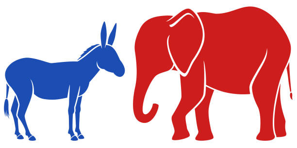 Party Mascots Vector illustration of a blue donkey and a red elephant, representing the Democratic and Republican political parties in the United States. The donkey and elephant are on separate layers, easily separated in a program like Illustrator, etc. Illustration uses no gradients, meshes or blends, only solid color. Includes AI10-compatible .eps format, along with a high-res .jpg. donkey stock illustrations