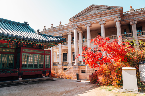 Deoksugung Palace with autumn maple in Seoul, Korea