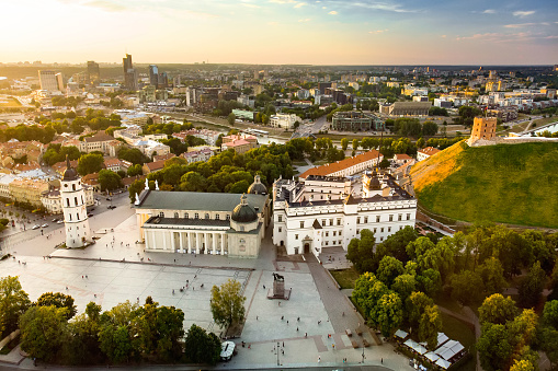 Aerial view of The Cathedral Square, main square of Vilnius Old Town, a key location in city`s public life, situated as it is at the crossing of the city`s main streets, Vilnius, Lithuania